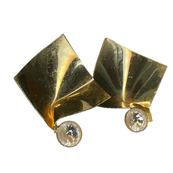 Vintage 80s Rhinestone Abstract Square Earrings Gold Tone Metal - Picture 3 of 3